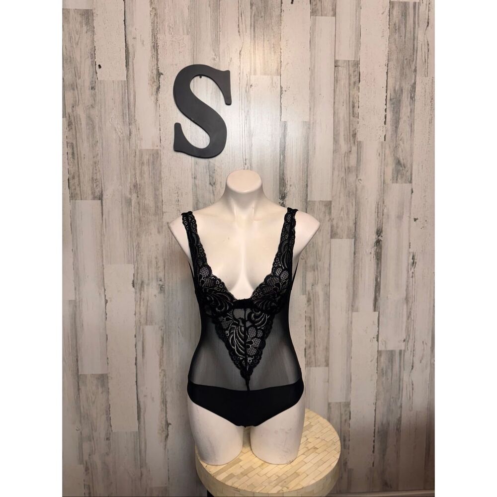 Timing Black Mesh Lace Bodysuit Womens Size Small S Sheer Low Back Teddy Lingeri